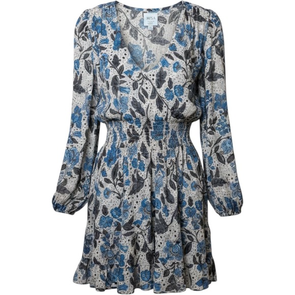 Misa Los Angeles Dresses & Skirts - MISA Los Angeles Blue Gray Floral Smocked Tiered Ruffle Mini Dress Womens Small
